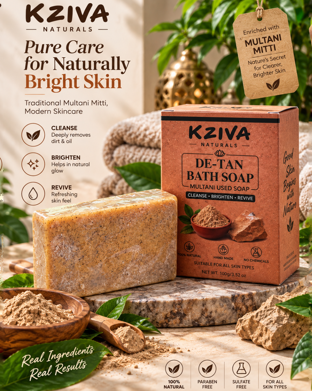 Kziva Naturals De-Tan Bath Soap – Multani Mitti Soap