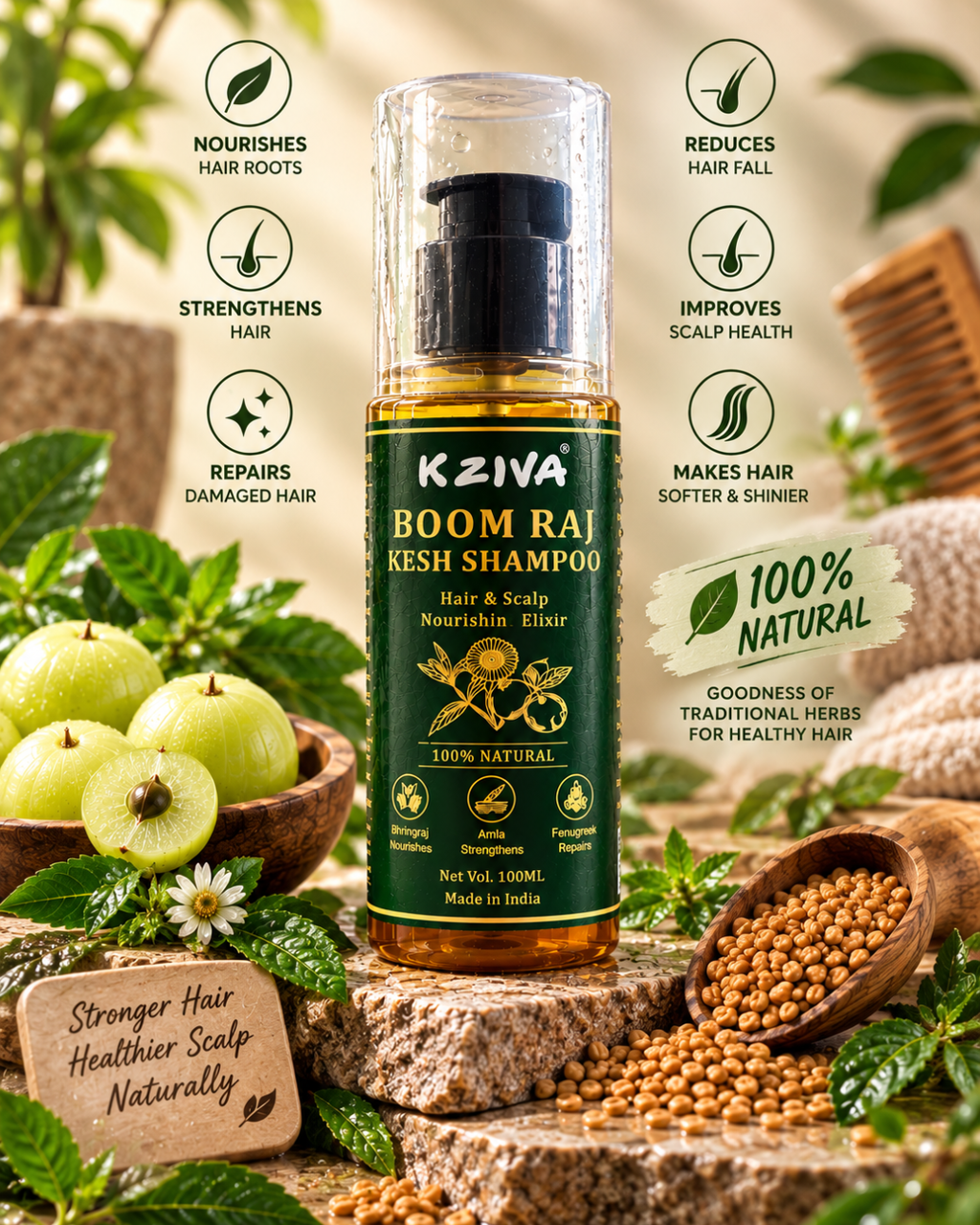 Kziva Boom Raj Kesh Shampoo – Bhringraj, Amla & Fenugreek