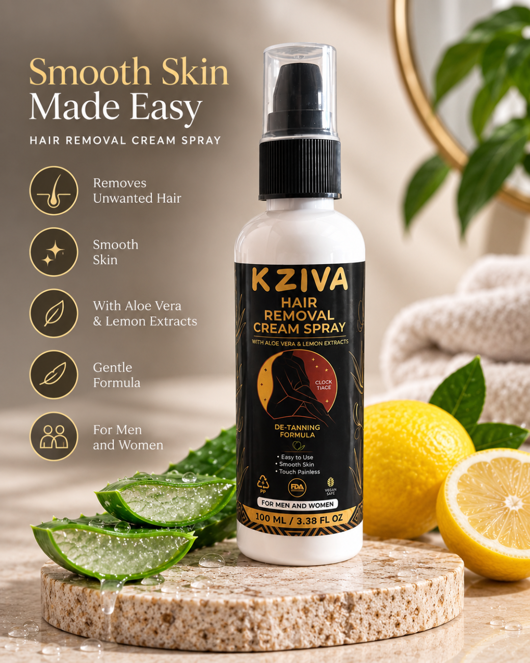 Kziva Hair Removal Cream Spray with Aloe Vera & Lemon Extracts
